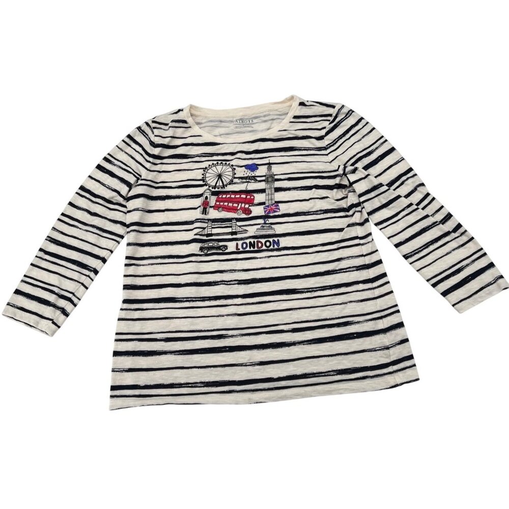 Talbots Women's‎ London Embroidered 3/4 Sleeve Striped Cotton Shirt Sz small
